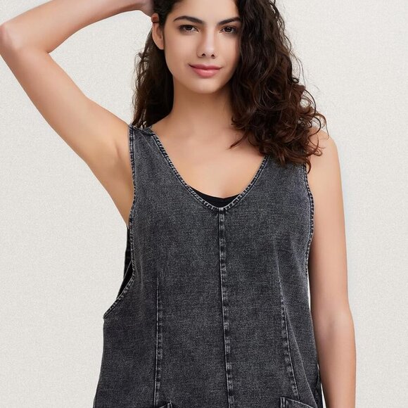 Womens High Roller Denim Bib Jumpsuits Casual Loose Sleeveless Baggy Overalls Je - Picture 5 of 5